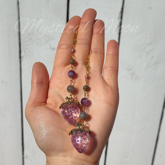 Strawberry Crystal Earrings Pink Acrylic Strawberry Charm with Amethyst - Picture 2 of 5